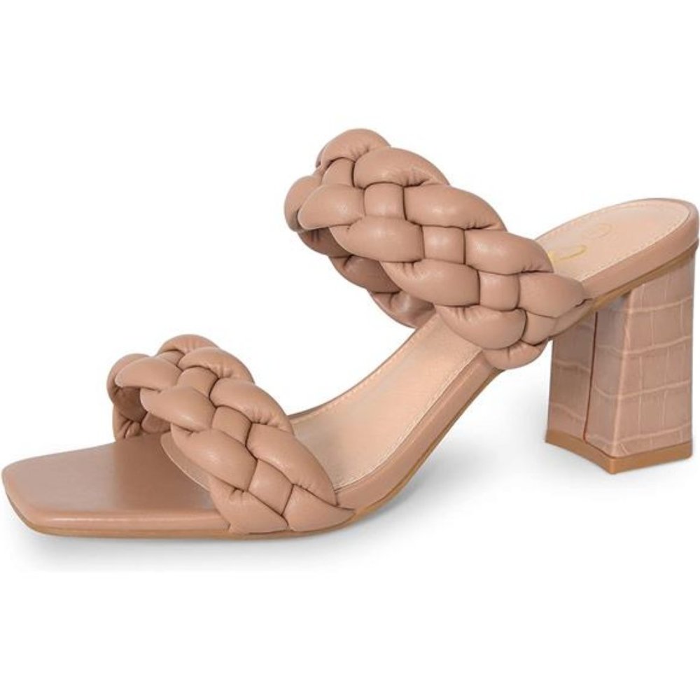 Women's Braided Heeled Sandals Strappy Square Open Toe Heels Backless Mules Slip